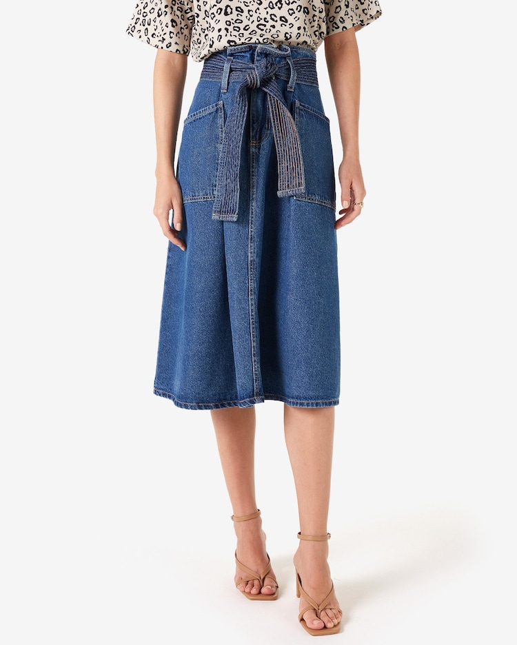 Riachuelo Saia Jeans Midi Feminina Evasê Amarração Denim Médio