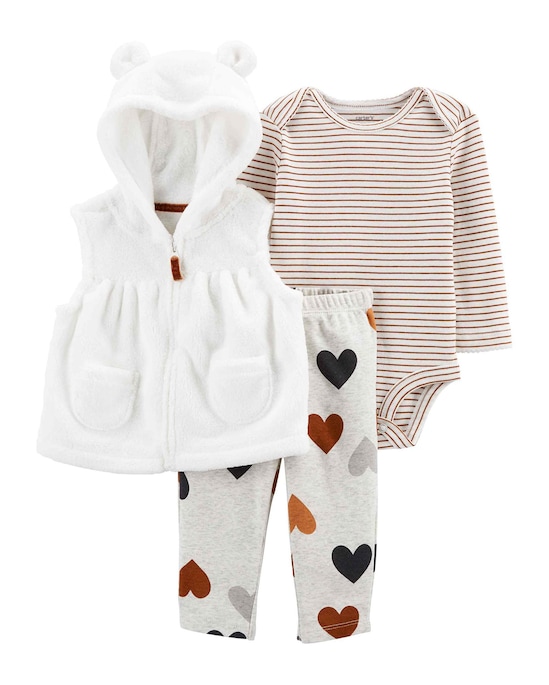 Conjunto Bebê Carter's 3 Peças Corações Branco/Cinza Claro Mescla Tam RN a 24 Meses