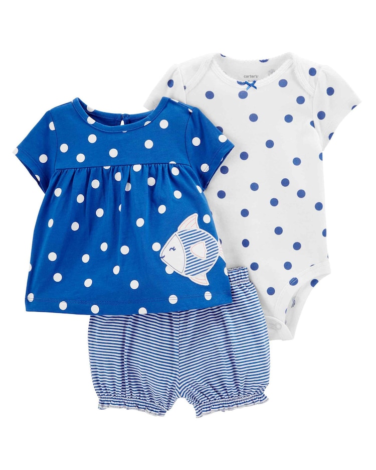 Conjunto Bebê Carter's 3 Peças Poás e Peixinho Azul/Branco Tam RN a 24 Meses