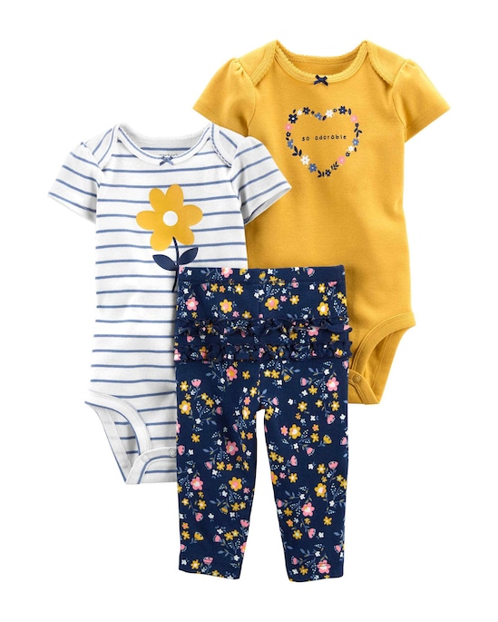 Conjunto Bebê Carter's 3 Peças Floral Amarelo/Azul Marinho/Branco Tam RN a 24 Meses