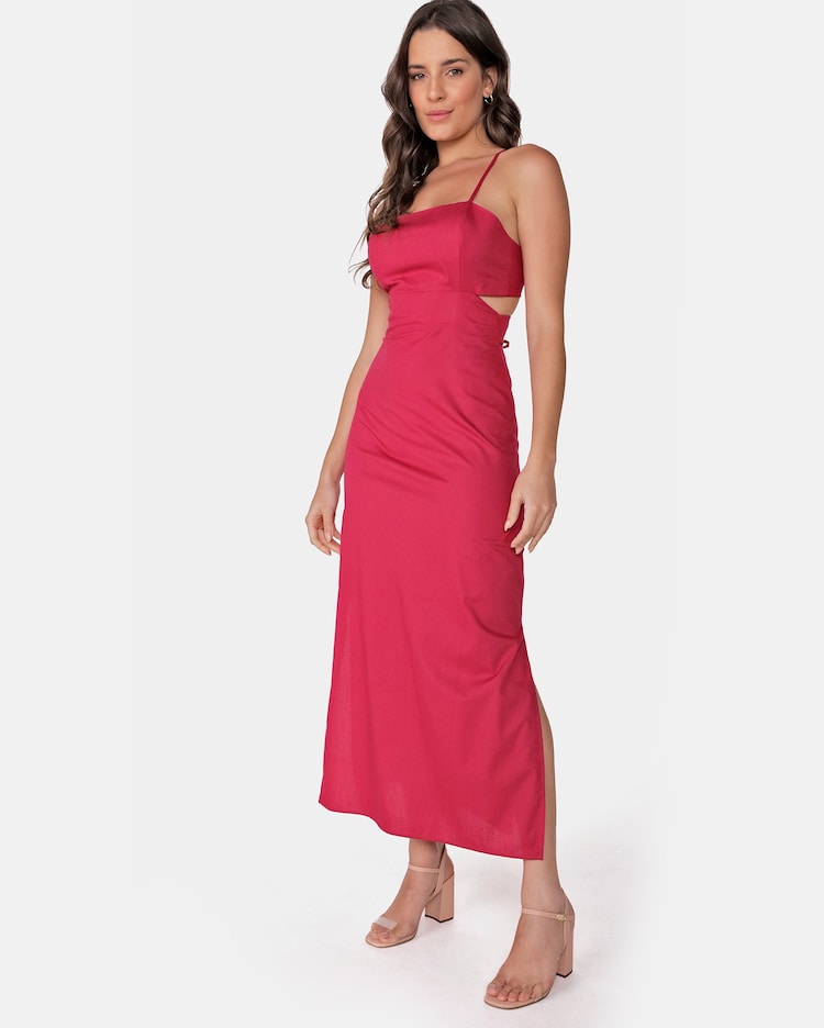 Riachuelo Vestido Midi Feminino Reto Alça Fina Amarração Rosa