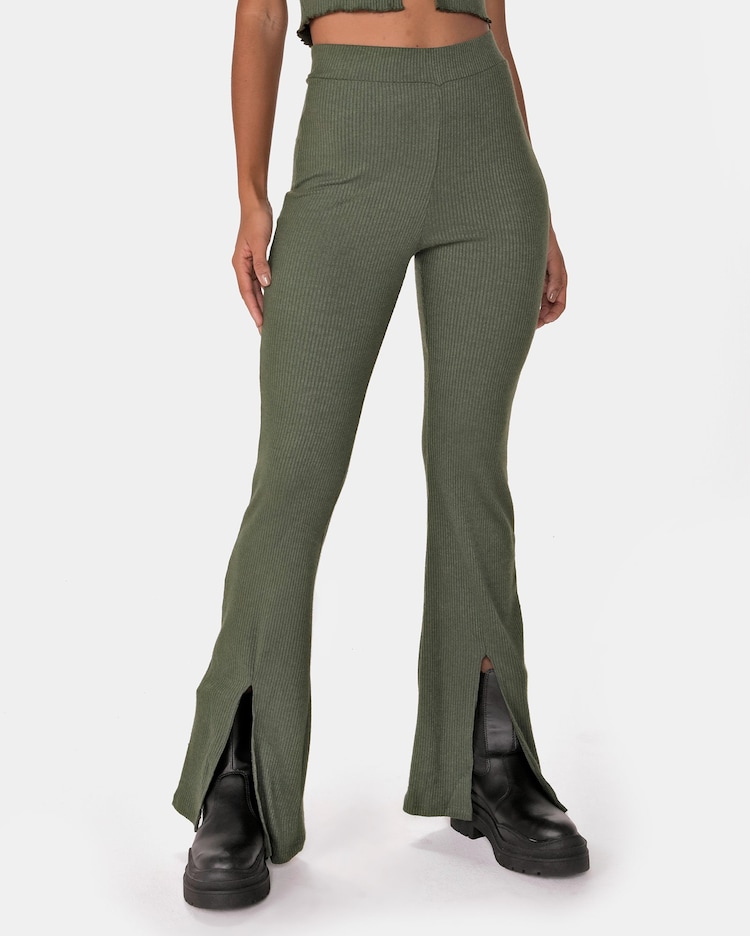 Riachuelo Calça Feminina Flare Malha Canelada Verde Musgo Pool