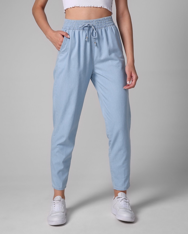Riachuelo Calça jeans feminina jogger amarração denim claro