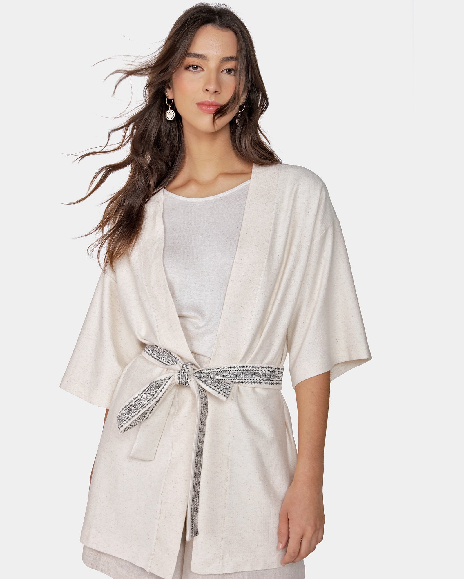 Riachuelo Kimono Feminino Amplo Amarração com Linho Bege AK by