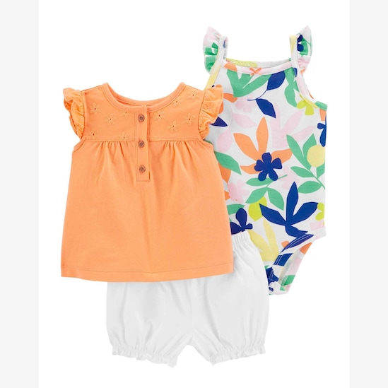 Conjunto curto bebê 3 peças laise e flores laranja | Carter's