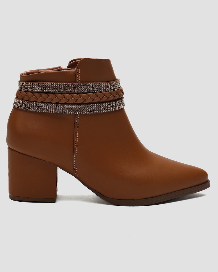 Riachuelo Bota Cano Curto Salto Baixo Trançado Brilhos Marrom
