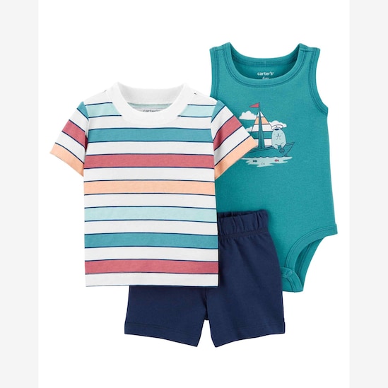Conjunto curto bebê 3 peças marinheiro listrado azul | Carter's