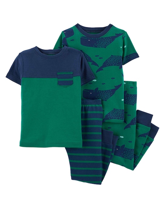 Pijama longo infantil 4 peças baleia e listras verde | Carter's