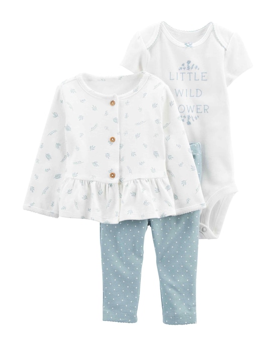 Conjunto longo bebê 3 peças flores e poás azul | Carter's