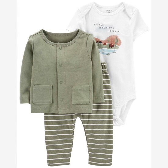 Conjunto longo bebê 3 peças listrado verde | Carter's