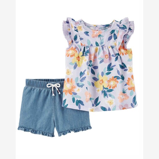 Conjunto curto jeans bebê 2 peças floral azul | Carter's