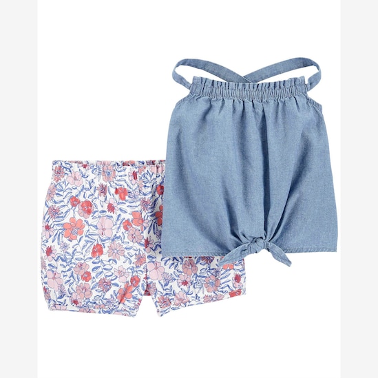 Conjunto curto jeans infantil 2 peças floral azul | Carter's