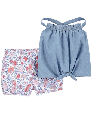 Conjunto curto jeans infantil 2 peças floral azul | Carter's