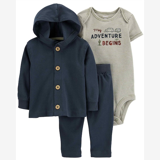 Conjunto longo bebê 3 peças listras com capuz azul | Carter's