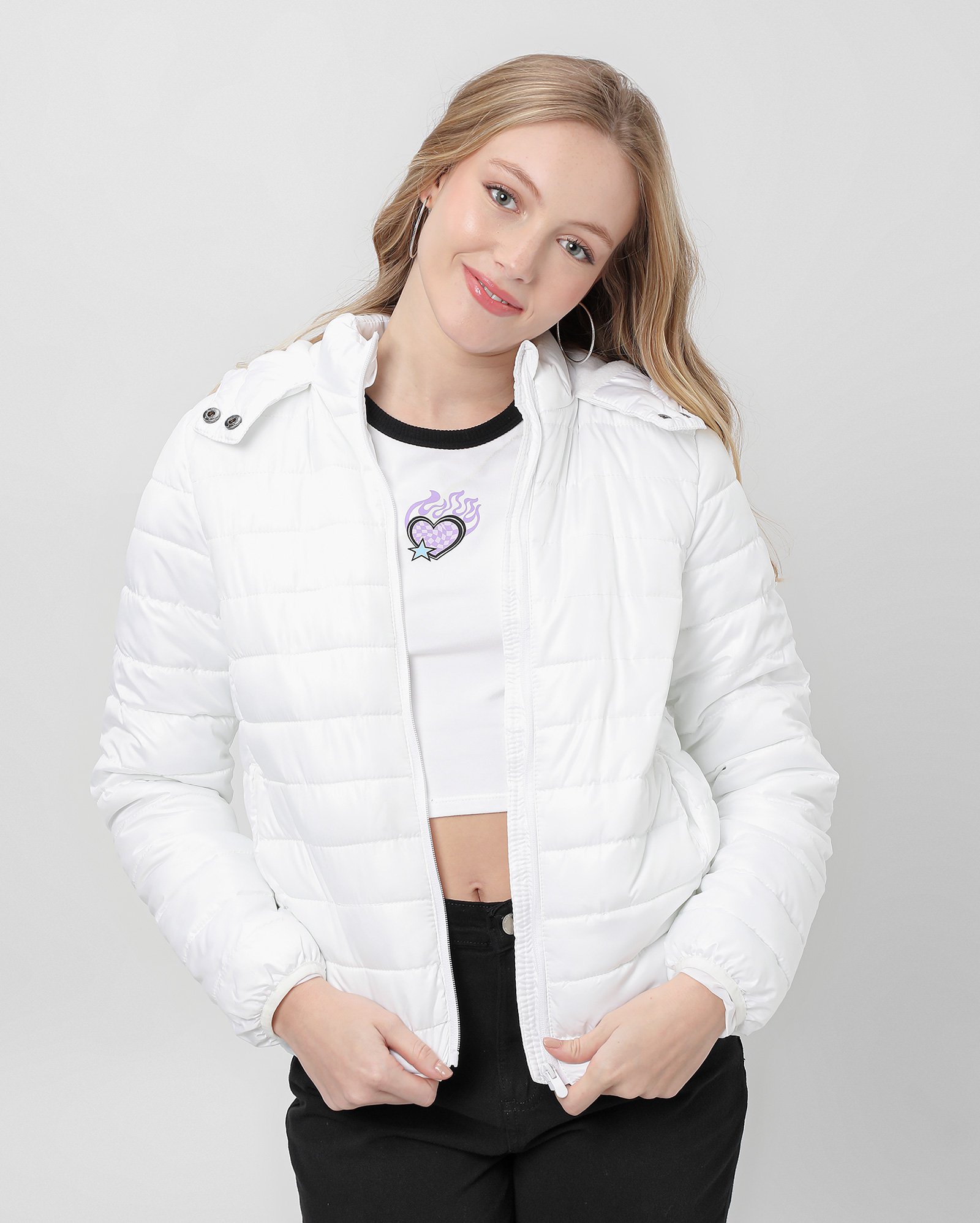 Riachuelo | Jaqueta juvenil puffer com botões capuz branca | Y C