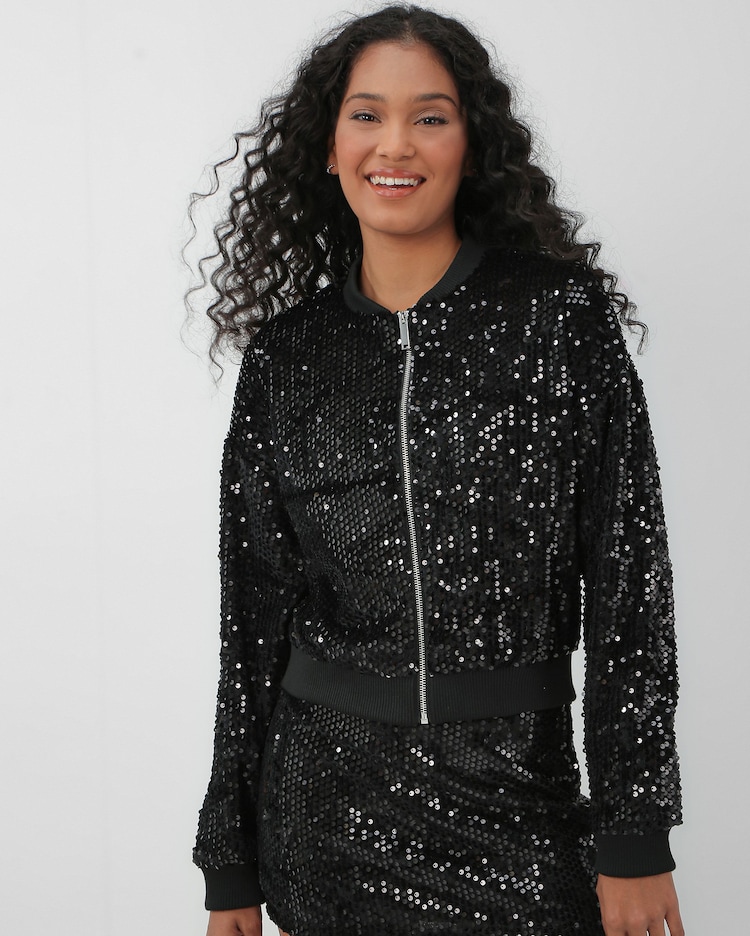 Riachuelo Jaqueta feminina bomber em paetê preta Pool by Riachuelo