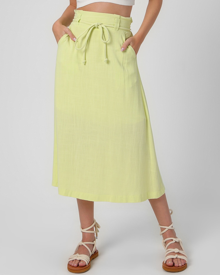 Riachuelo Saia midi evasê de viscolinho cintura alta verde AK