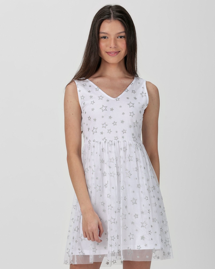 Riachuelo Vestido curto juvenil tule estrelas de glitter branco