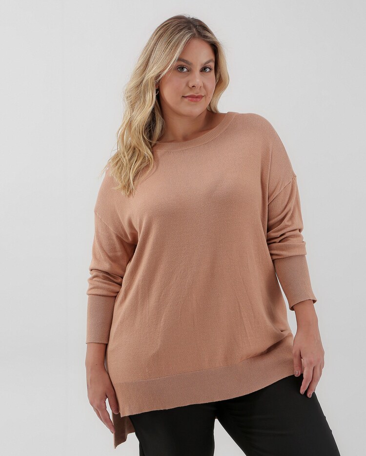 Riachuelo Blusa plus size feminino alongada de tricot marrom