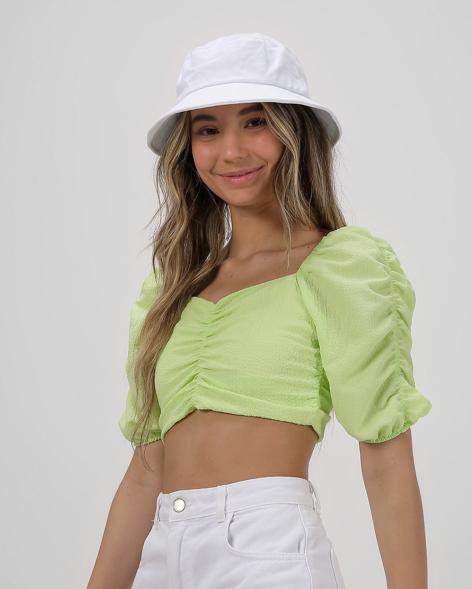 Blusa cropped juvenil manga bufante - Verde Claro | Y C by Riachuelo