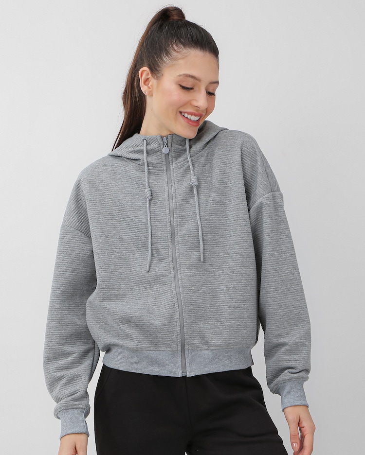 Jaqueta Moletom Cinza Com Capuz Feminino Riachuelo Jaqueta De