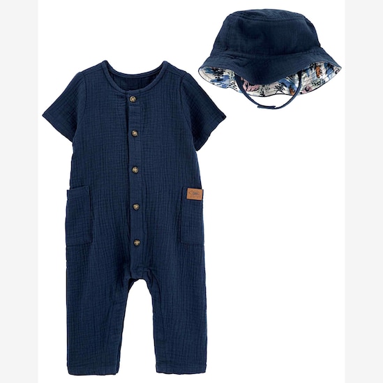 Macacão verão bebê com chapéu azul | Carter's 