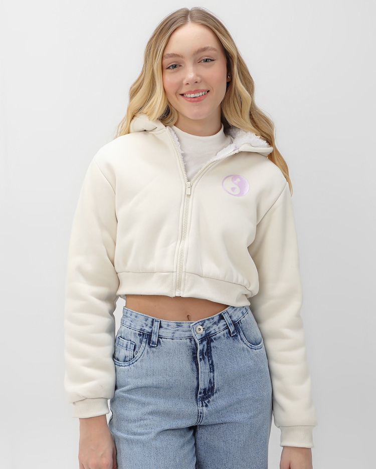 Riachuelo Blusa de moletom juvenil cropped fleece ying-yang bege
