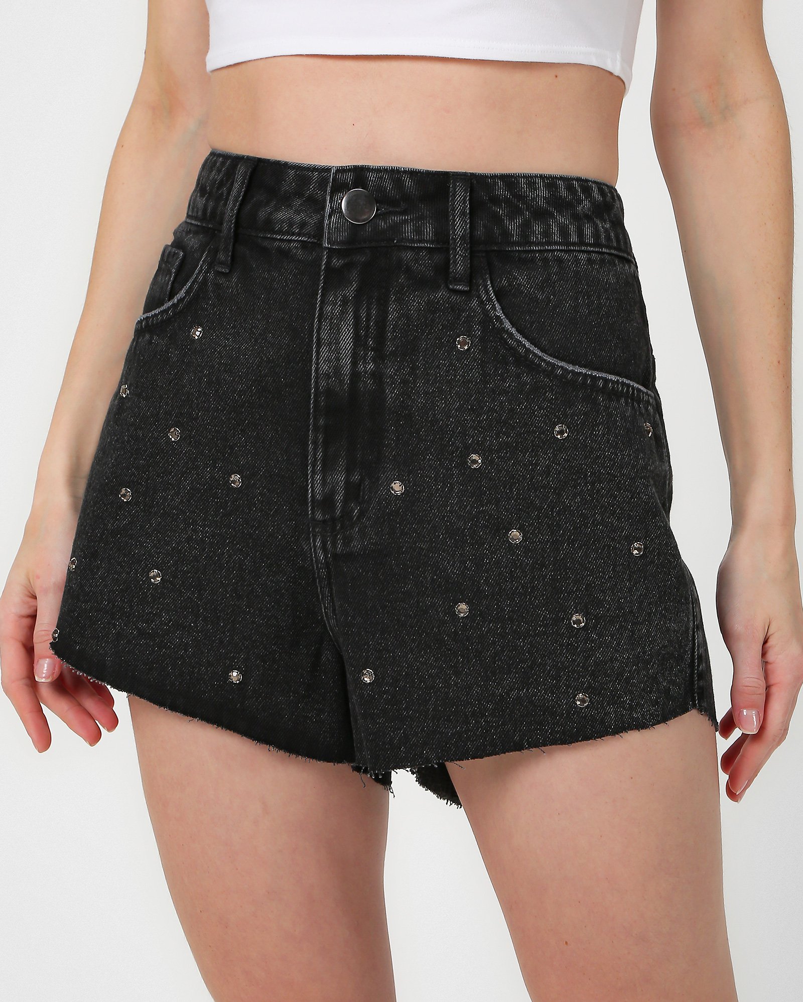 Riachuelo Short black jeans feminino mom com pedraria Pool by Riachuelo