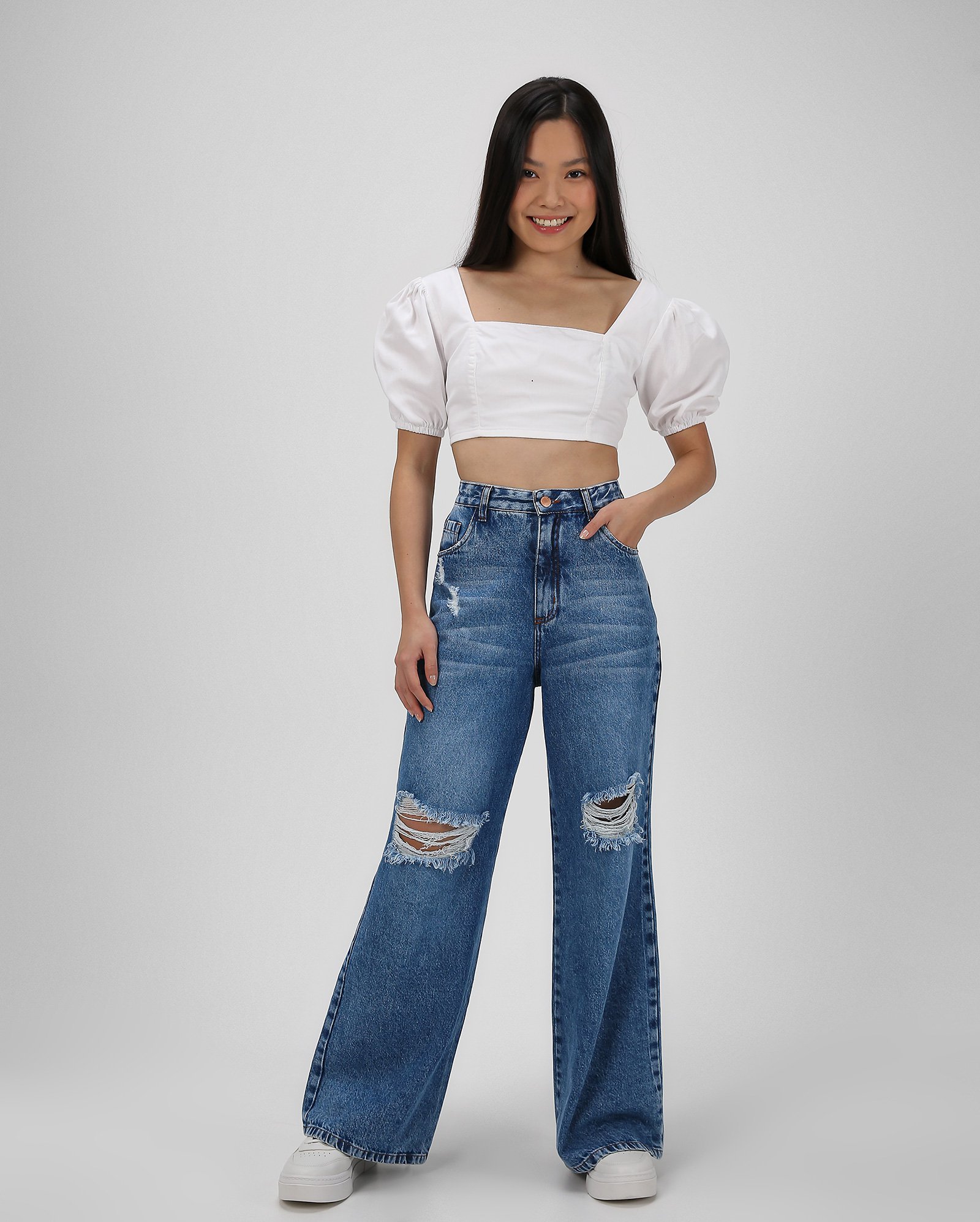 Calça jeans juvenil wide leg destroyed - Jeans Médio | Pool