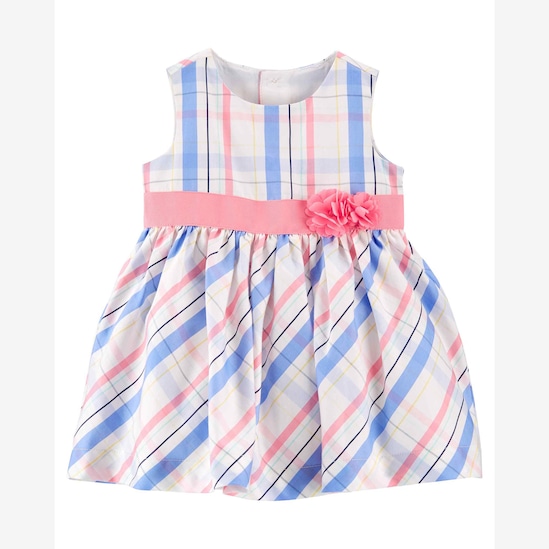 Vestido bebê xadrez com flor off-white | Carter's