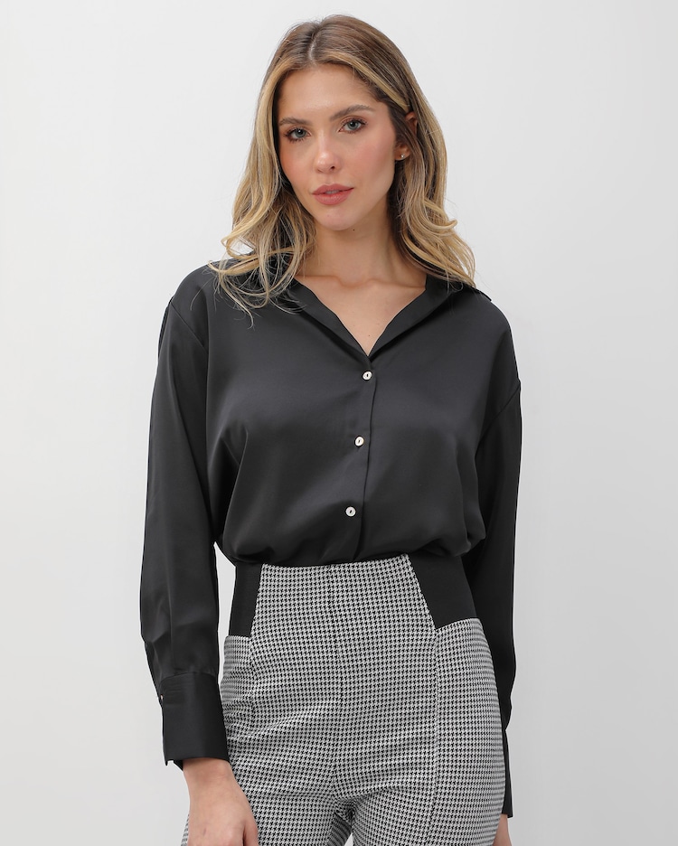 Riachuelo Camisa feminina de cetim manga longa preta AK by