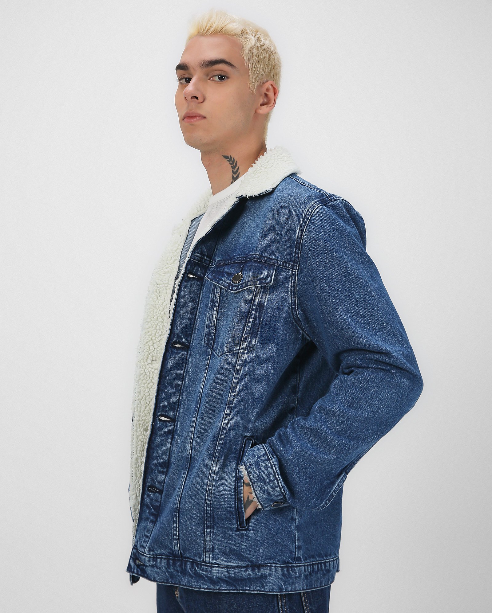 Jaqueta jeans masculina trucker com sherpa denim escuro | Pool Jeans