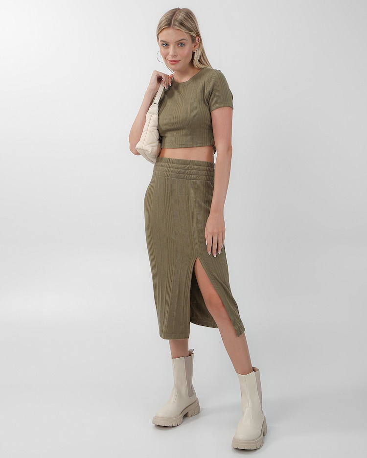 Riachuelo Saia midi de tricot com fenda verde Pool by Riachuelo