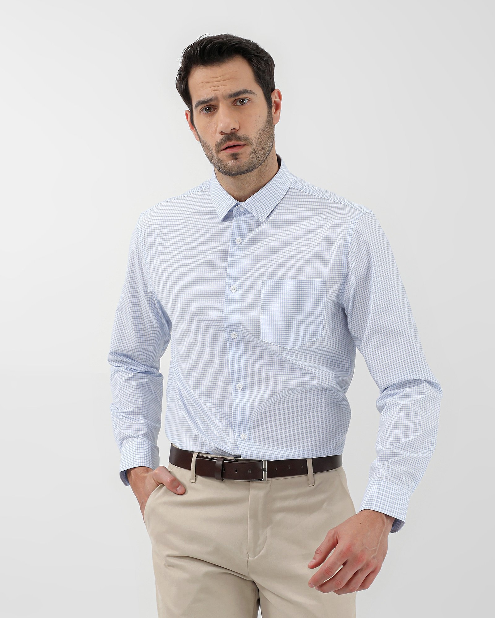 Camisa social masculina regular quadriculada com bolso - Azul Claro