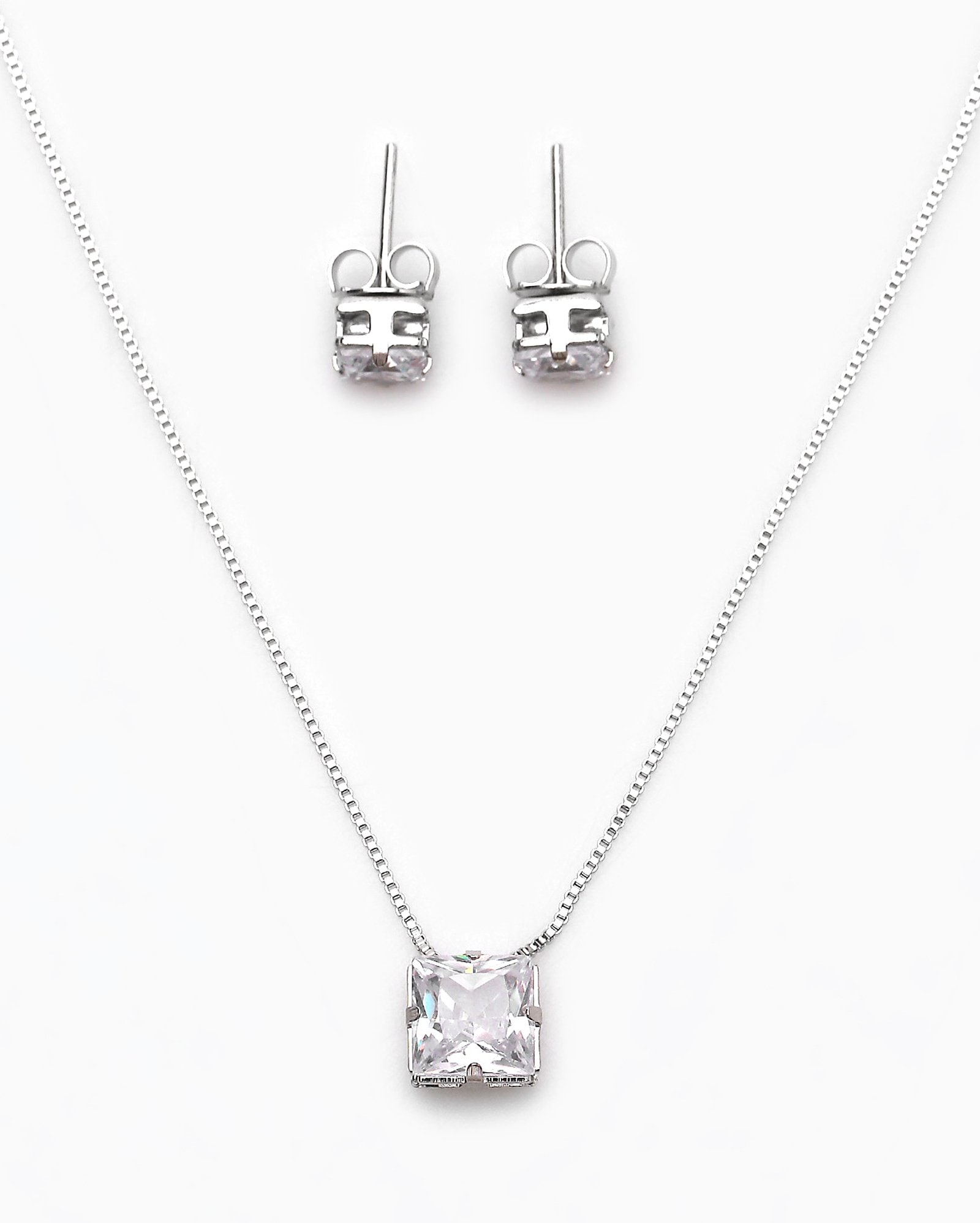 Kit colar e brinco feminino zirconias prateado
