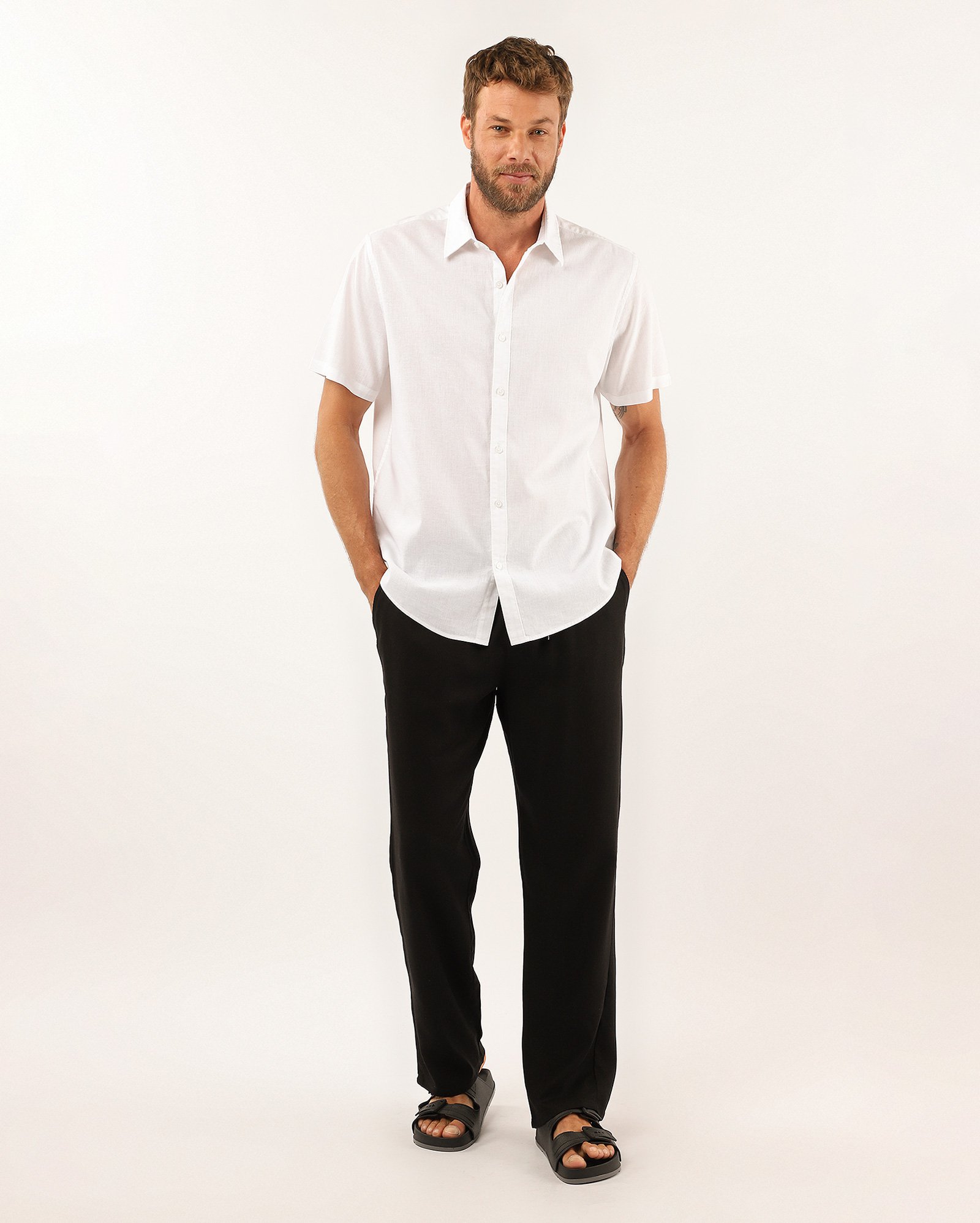 Camisa masculina Guto com linho manga curta - Off-white