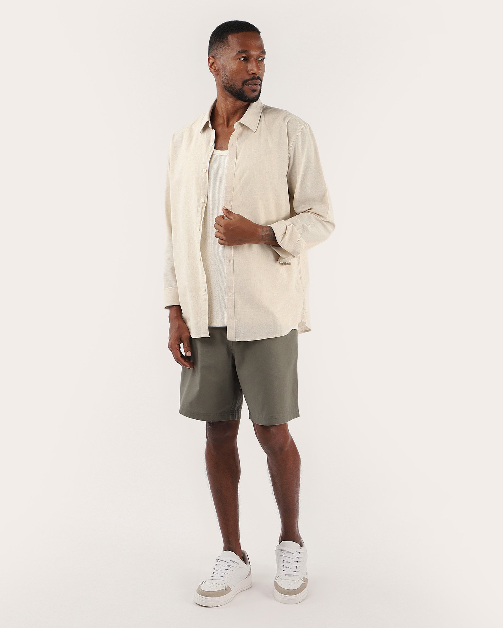 Camisa masculina regular com linho manga longa - Bege Claro | Original