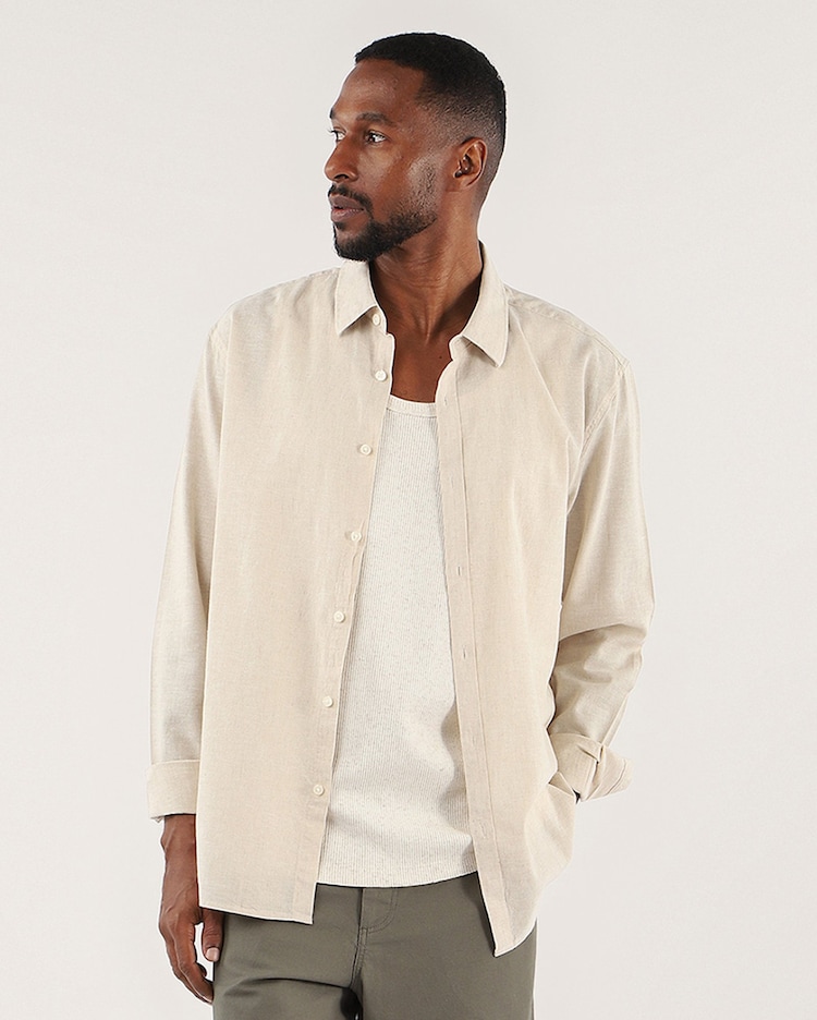 Riachuelo Camisa masculina regular com linho manga longa Bege