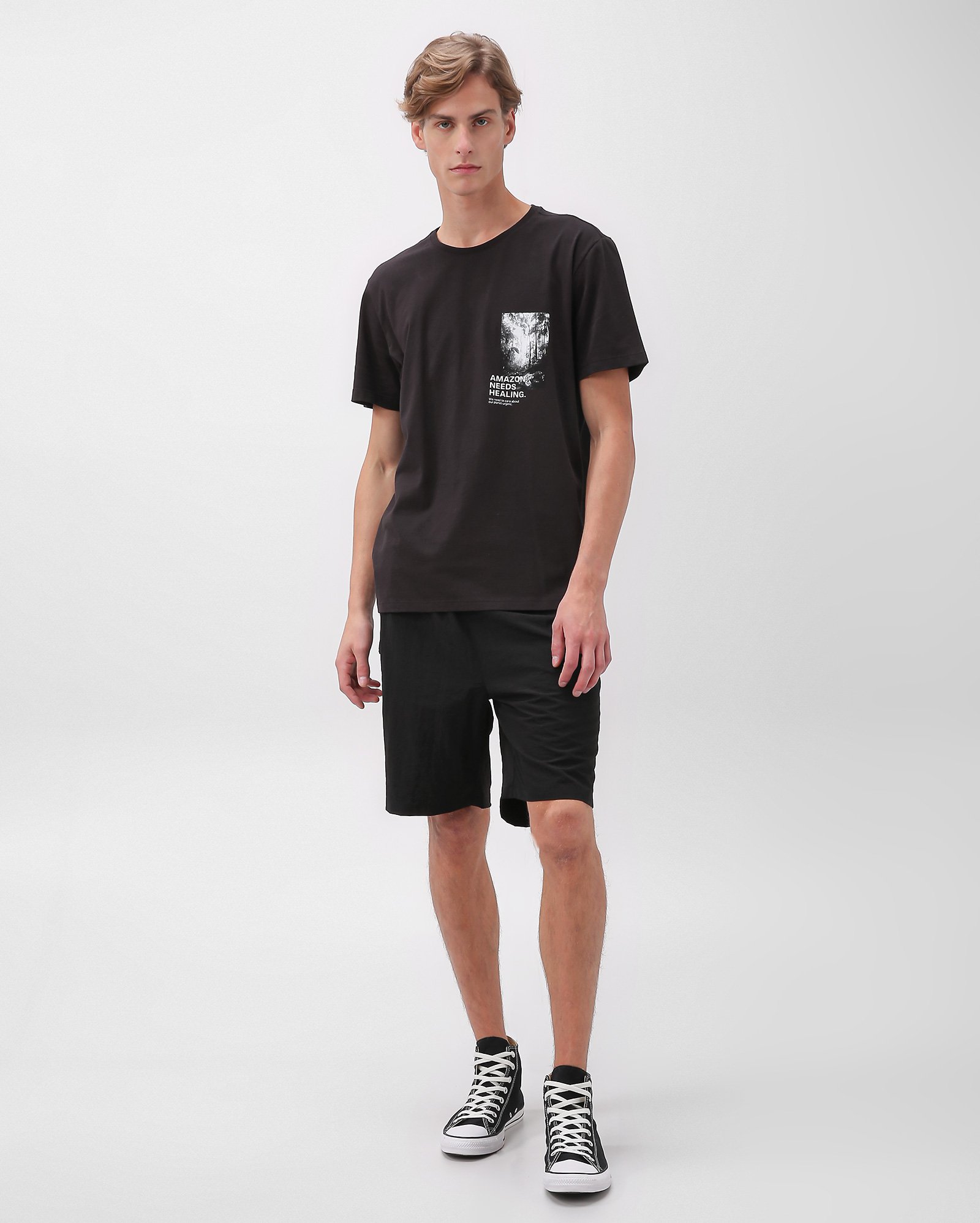 Bermuda masculina de poliamida com ajuste - Preto