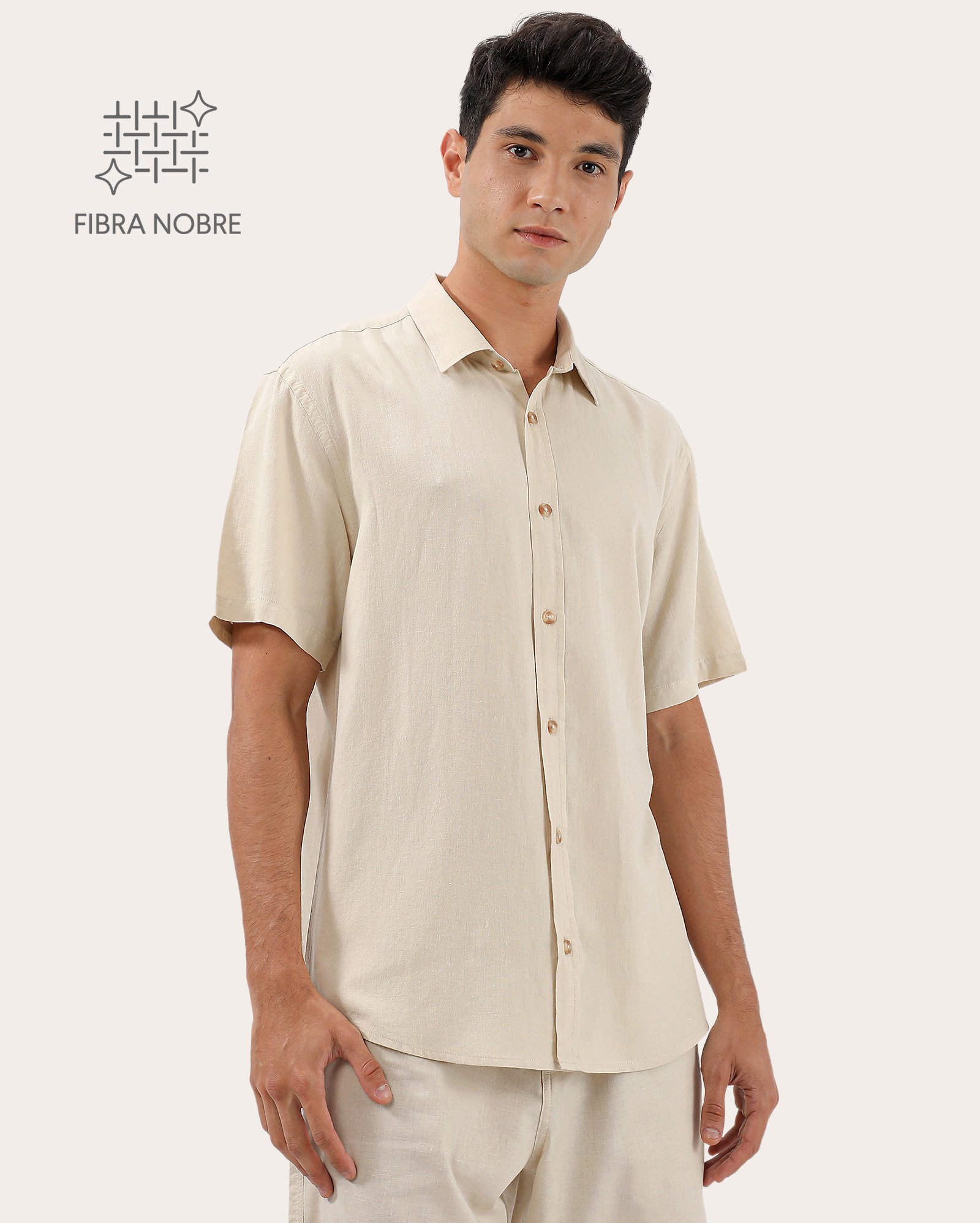 Camisa masculina regular em viscolinho - Bege