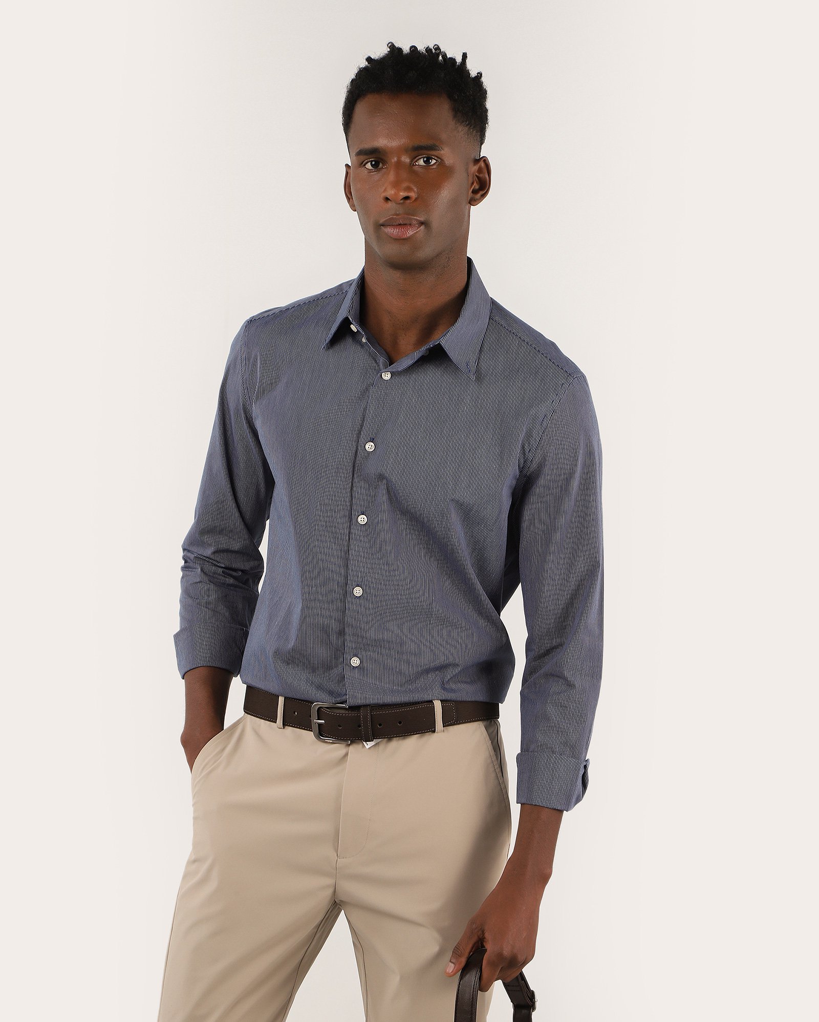 Camisa social masculina slim listrada - Azul Escuro