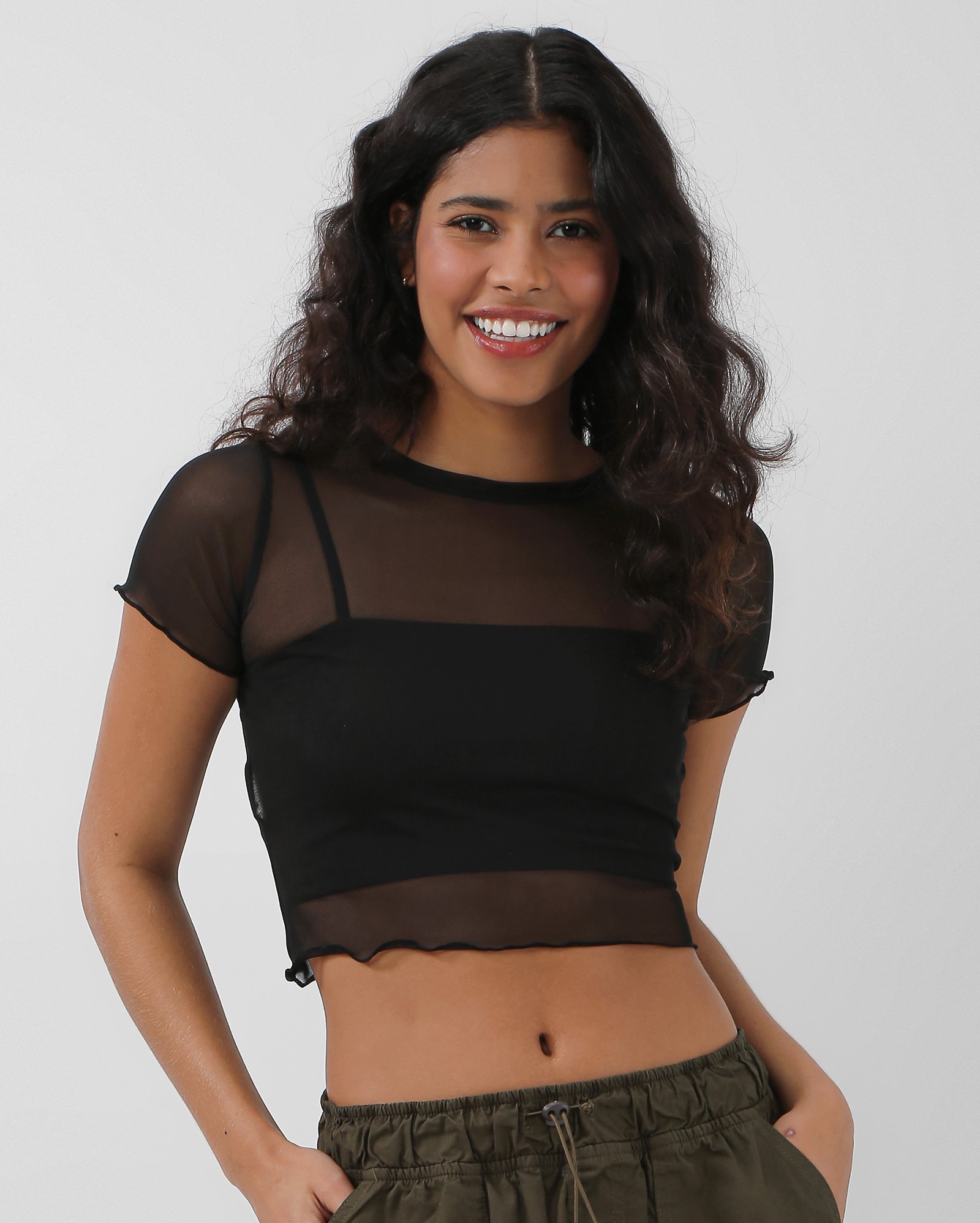 Riachuelo | Blusa cropped tule ripple preta