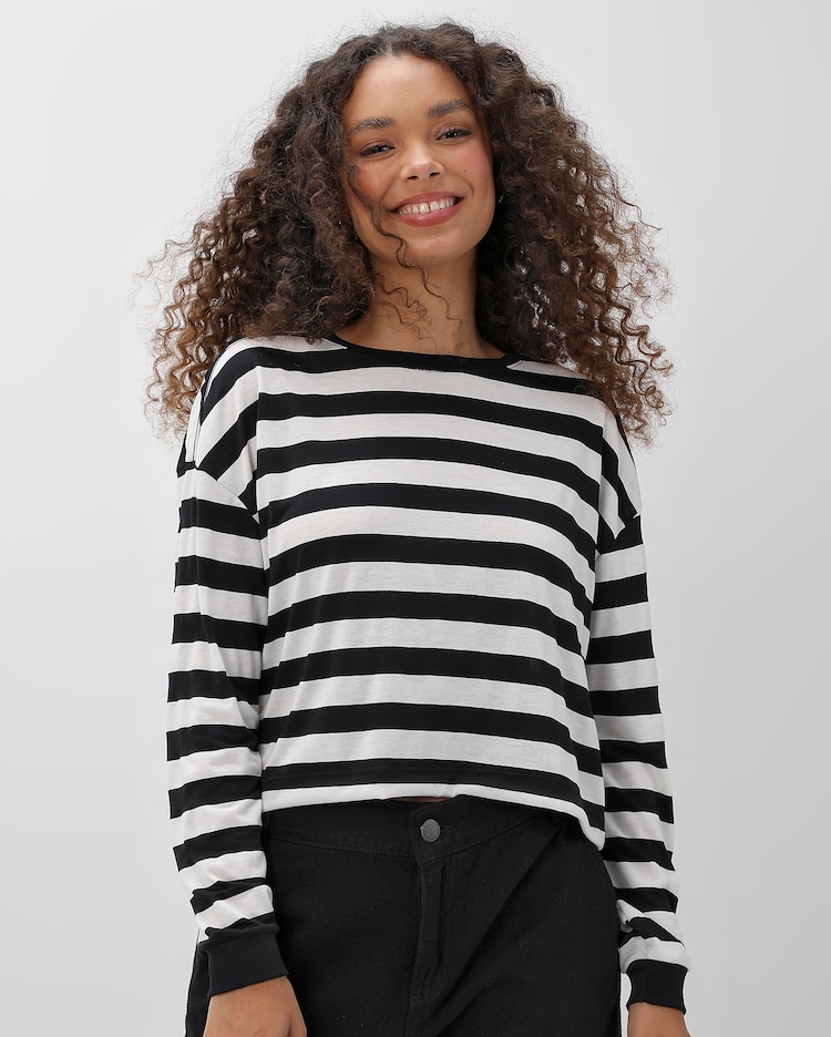 Riachuelo Blusa feminina manga longa com listras preta Pool by