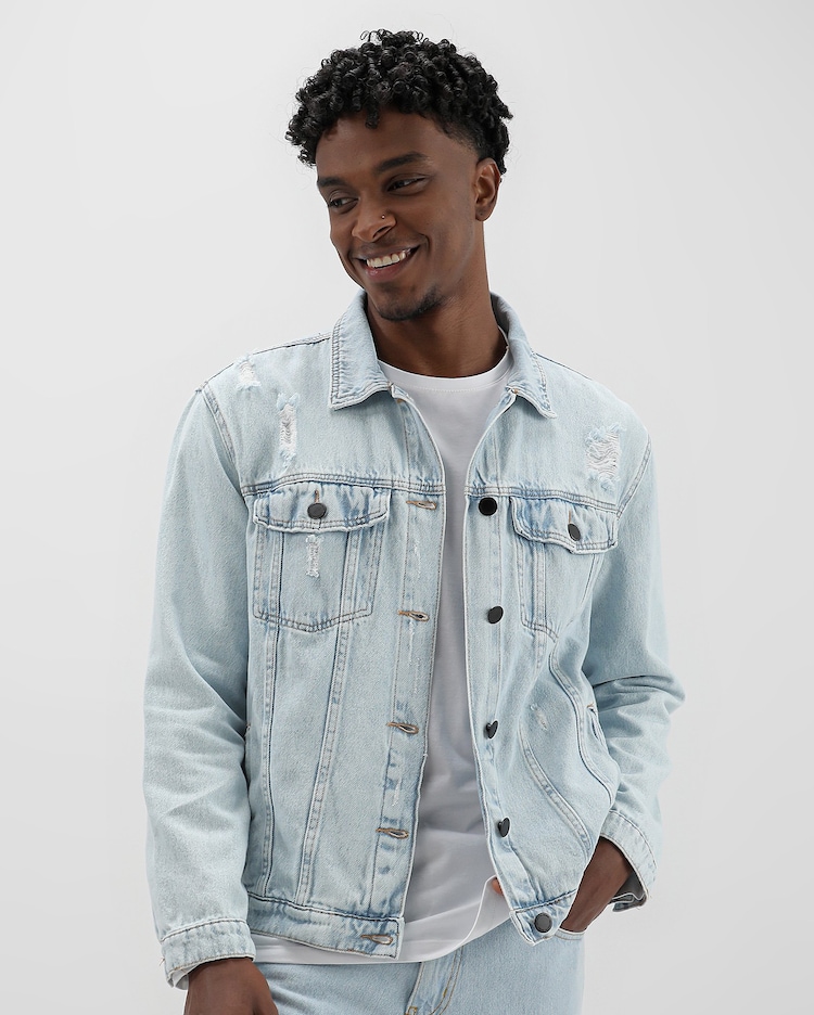 Riachuelo Jaqueta jeans masculina com bolsos e puídos denim