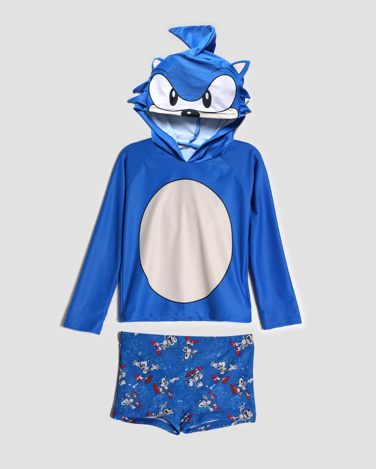 Conjunto praia infantil camiseta com touca e sunga Sonic azul | SEGA