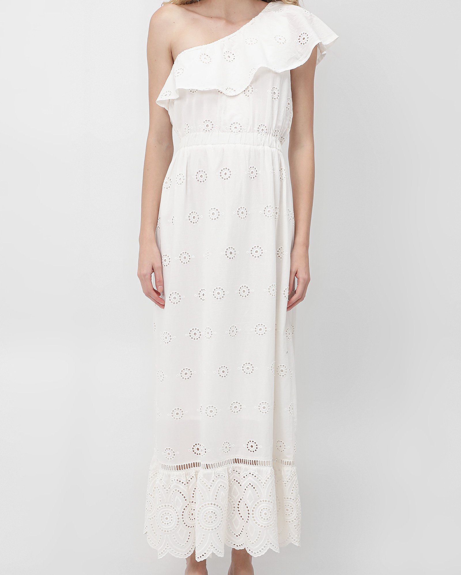 Vestido longo em laise um ombro só babados branco — foto 5