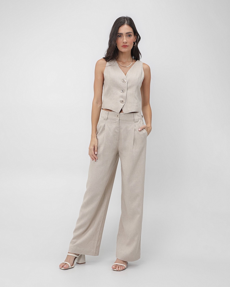 Riachuelo Calça feminina alfaiataria reta de linho bege AK by