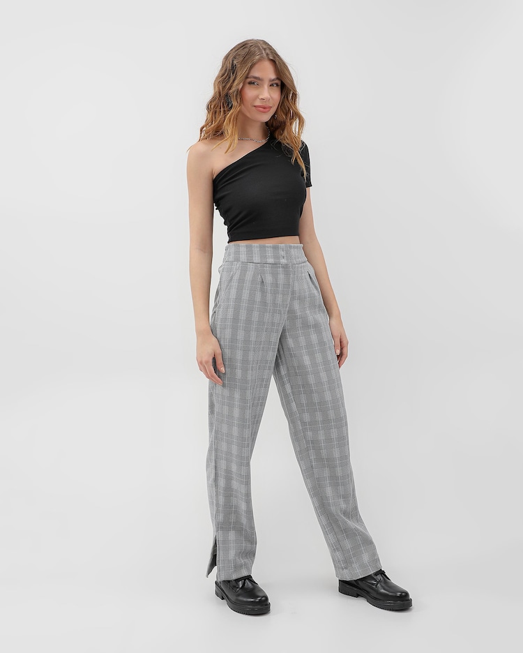 Riachuelo Calça feminina alfaiataria reta xadrez cinza Pool by