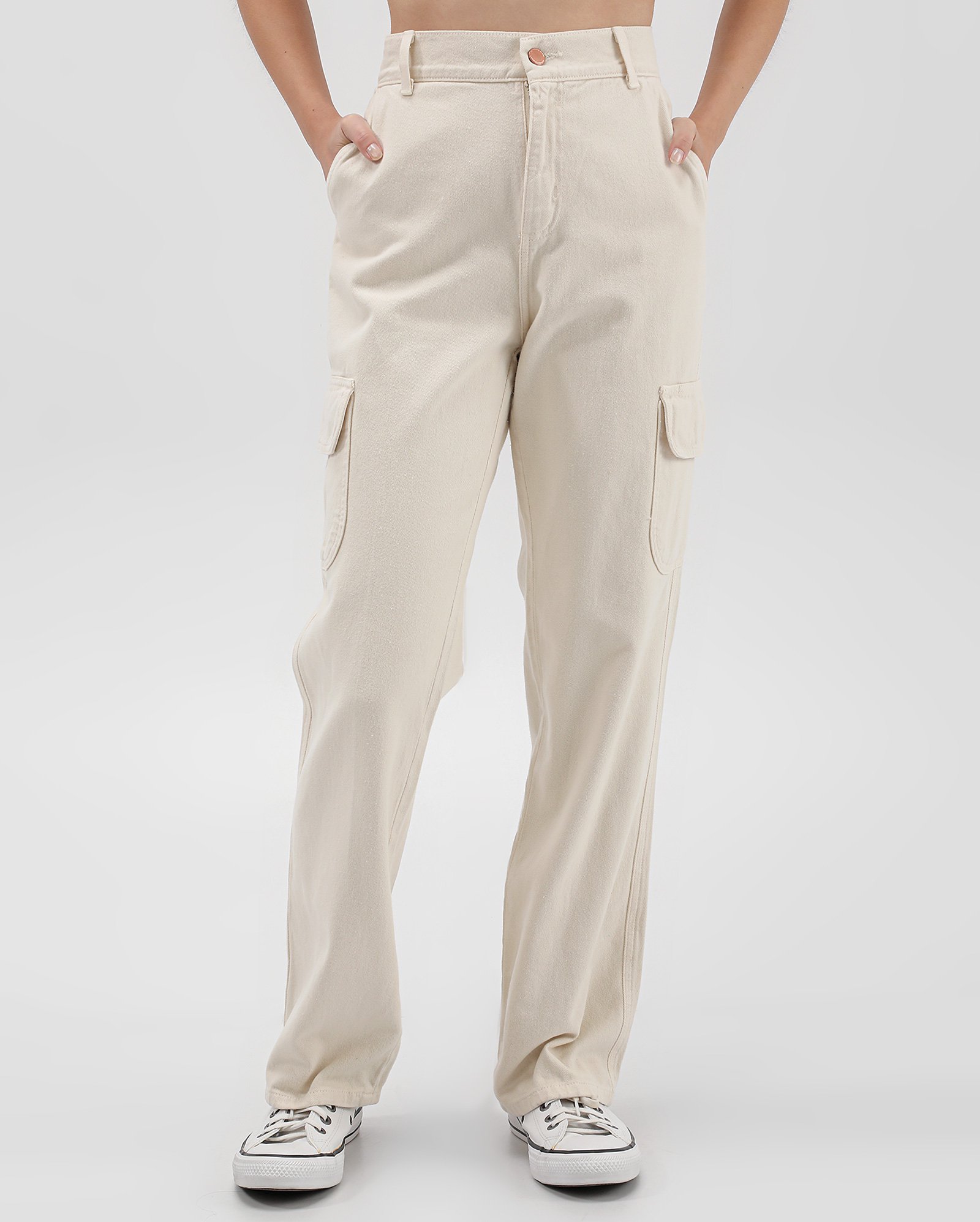Calça jeans juvenil reta bolso cargo - Bege | Pool