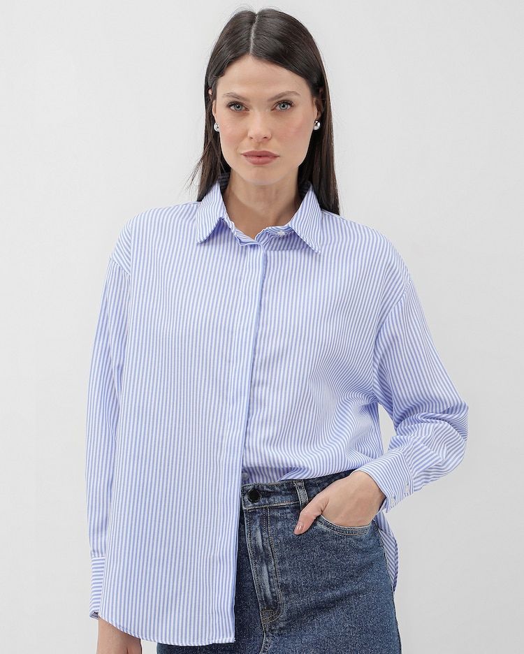 Riachuelo Camisa feminina manga longa listrada azul AK by